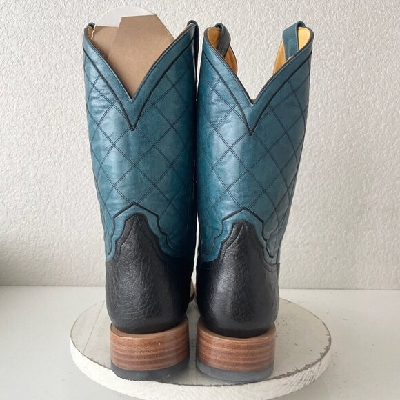 NEW Rod Patrick Mens Cowboy Boots 14A Black Ostrich Blue Top Leather Square Toe - Picture 3 of 14